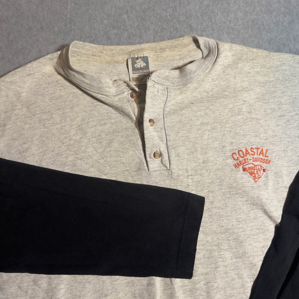 Vintage 90s Harley-Davidson Henley Shirt Mens XL Grey Black Long Sleeve Raglan